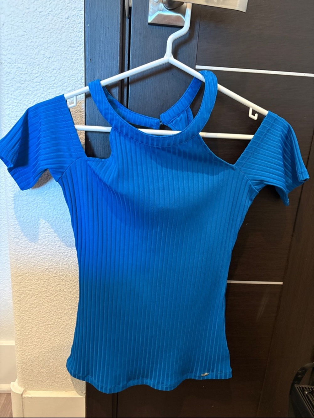 Bebe Bright Blue Ribbed off Shoulder Top